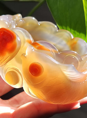 玛瑙印象 纯天然巴西老料玛瑙雕刻手镯 俏色巧雕 天然鱼眼 高工63