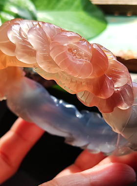 风华绝代 纯天然巴西蓝粉玛瑙雕刻手镯 稀有双色 满圈牡丹55