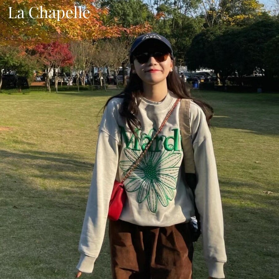 La Chapelle/拉夏貝爾印花華棉圓領(lǐng)衛(wèi)衣男女同款百搭顯瘦寬松上衣
