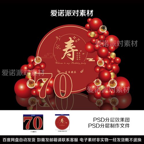C118小预算红色金色撞色七十大寿寿宴布置效果图气球派对背景素材