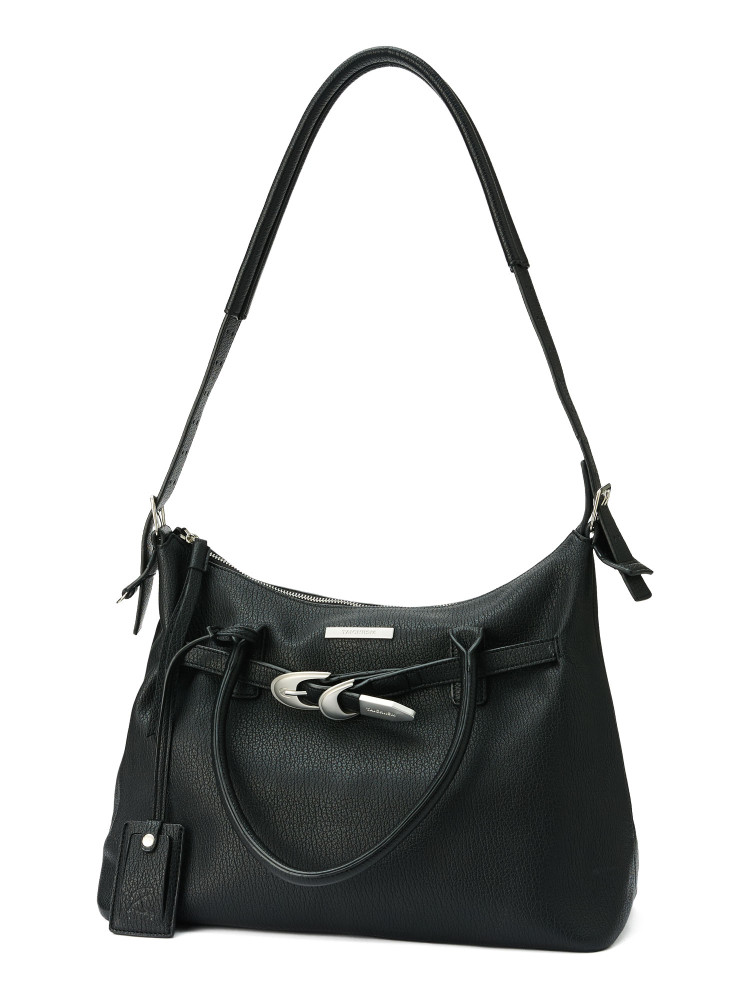 Black leather shoulder bag on white background
