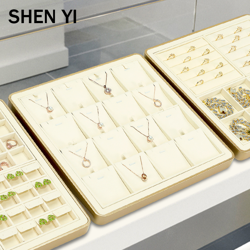 SHENYI珠宝首饰柜台展示道具项链戒指展示套装金色烤漆边超纤材质