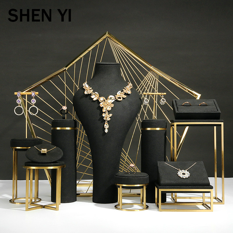SHENYI珠宝首饰橱窗展示道具项链戒指耳环黑色超纤金属橱窗展示架