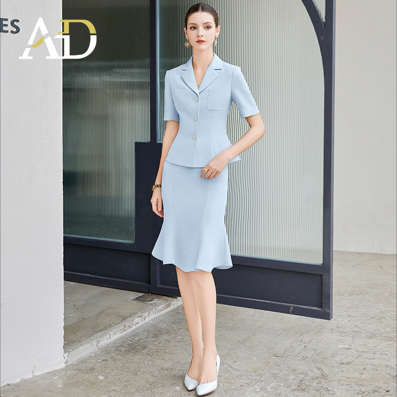 AD小个子显高时尚套装女士夏季短袖西装套装气质通勤蓝色职业装