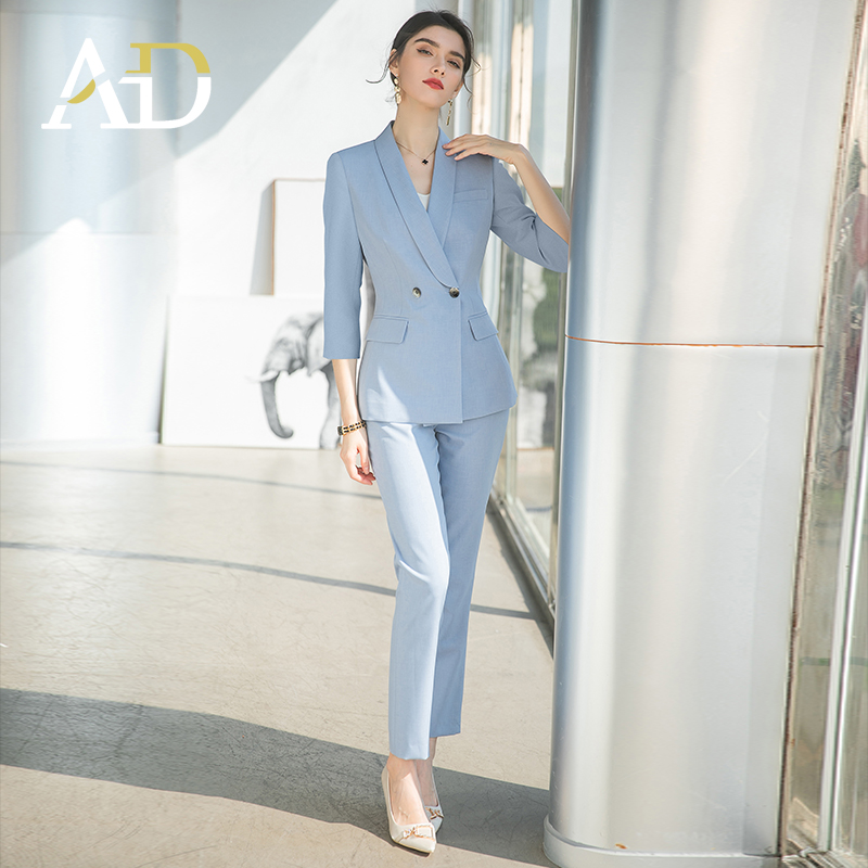 AD蓝色高级感西装套装女时尚职业装气质女神范修身显瘦面试正装裤