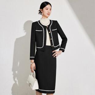 AD高级感黑色职场套装女气质小香风两件套织带拼色圆领短外套正装
