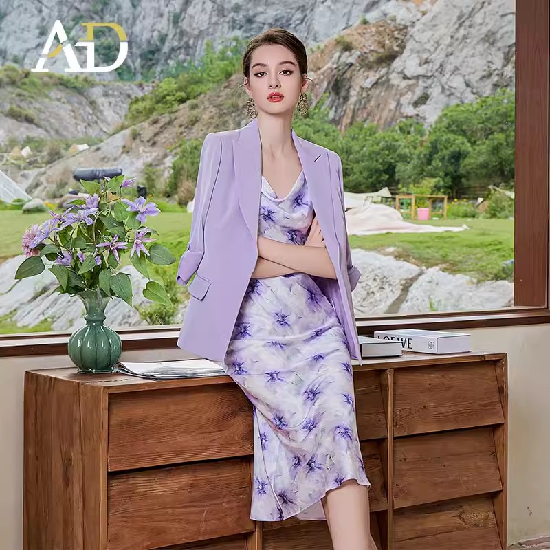 法式气质浪漫印花吊带连衣裙套装