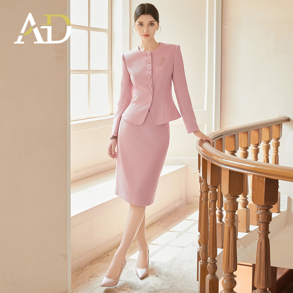AD粉色西装外套女气质名媛高级感职业正装气质西服套装裙子两件套