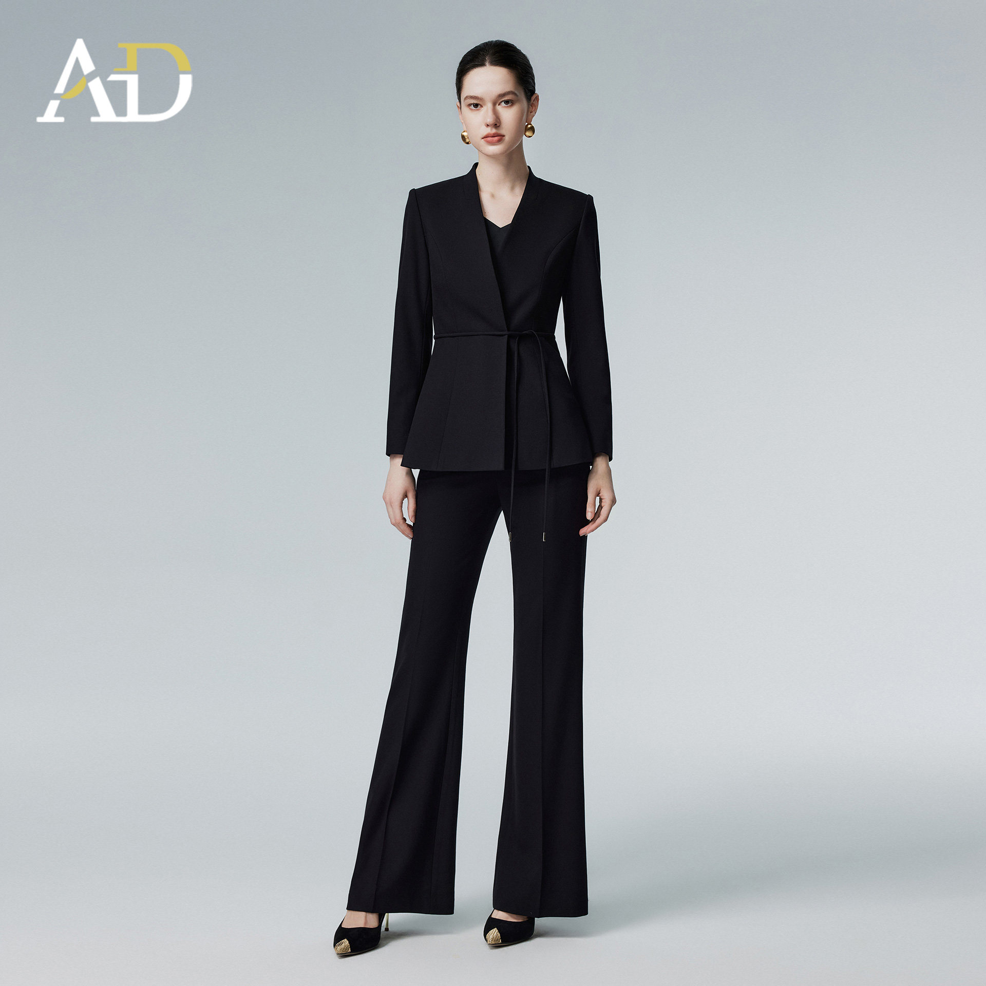 AD黑色系带西装微喇裤套装女秋