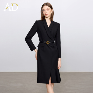 AD简单大方连衣裙女高端天丝羊毛长袖西装裙子2025新款黑色职业装