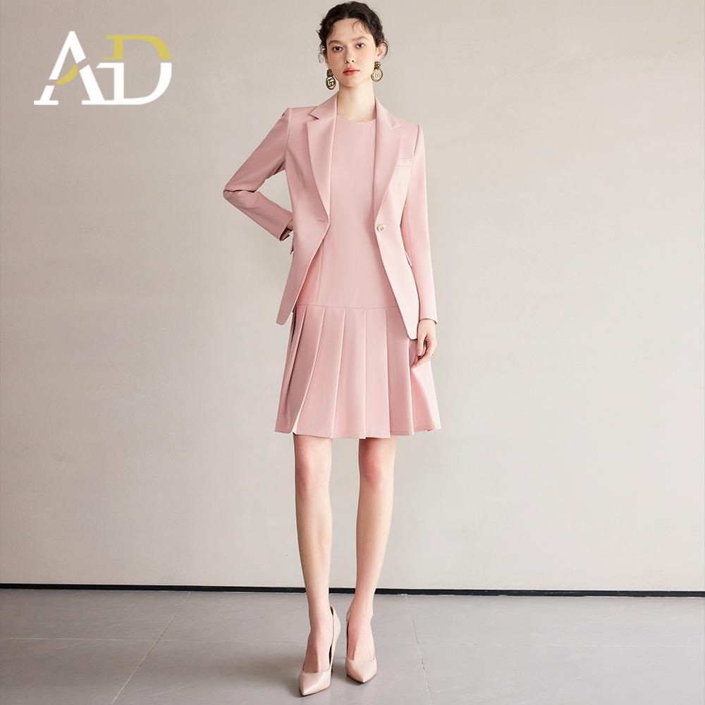 AD西装外套女气质名媛高级感套装新款洋气粉色百褶连衣裙两件套裙