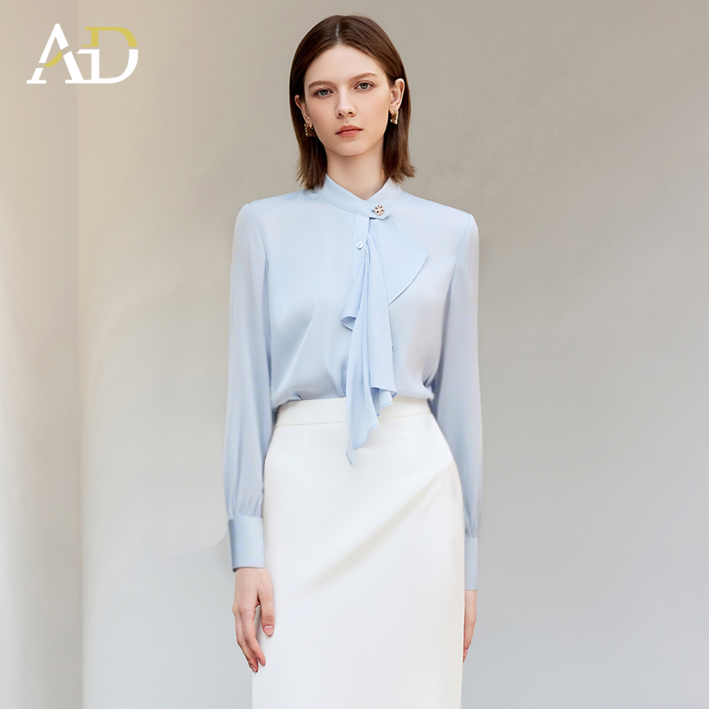 AD立体褶裥蓝色衬衫女通勤职业装