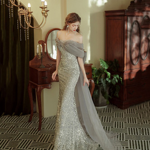 银灰色主持人一字肩模特走秀星空敬酒服亮片年会超仙鱼尾成年礼服