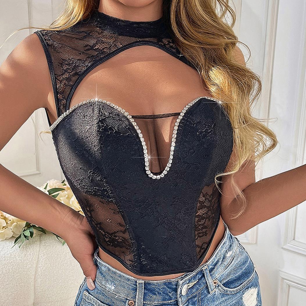 垮境欧美新款女装爆款闪钻蕾丝性感镂空上衣辣妹鱼骨背心K0669