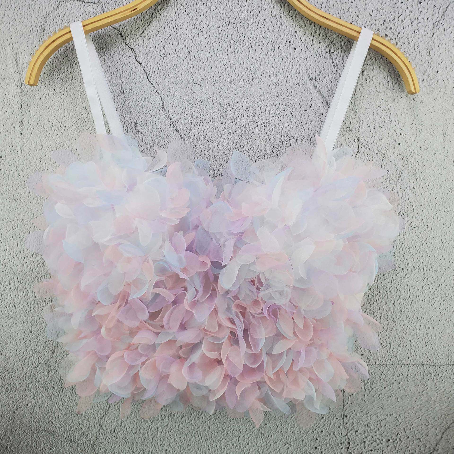 仙气纱花立体花彩纯色小吊带背心春夏小清新超火短款钢圈鱼骨上衣