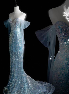 晚礼服浅蓝色2025新款鱼尾轻奢主持人气质抹胸敬酒礼服裙亮片礼服