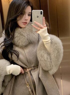 双面羊绒大衣女2024秋冬新款中长款高级感斗篷狐狸毛领羊毛呢外套
