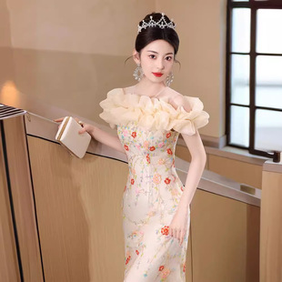 一字肩晚礼服小个子高端生日宴会气质高级感名媛风长款鱼尾连衣裙