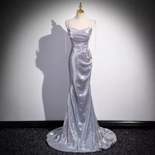 银色亮片鱼尾晚礼服女高级感年会主持人拖尾美声独唱声乐艺考大气