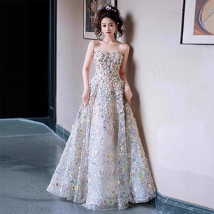 晚礼服裙女高端轻奢小众拖尾年会主持人森系成人礼声乐艺考礼服女