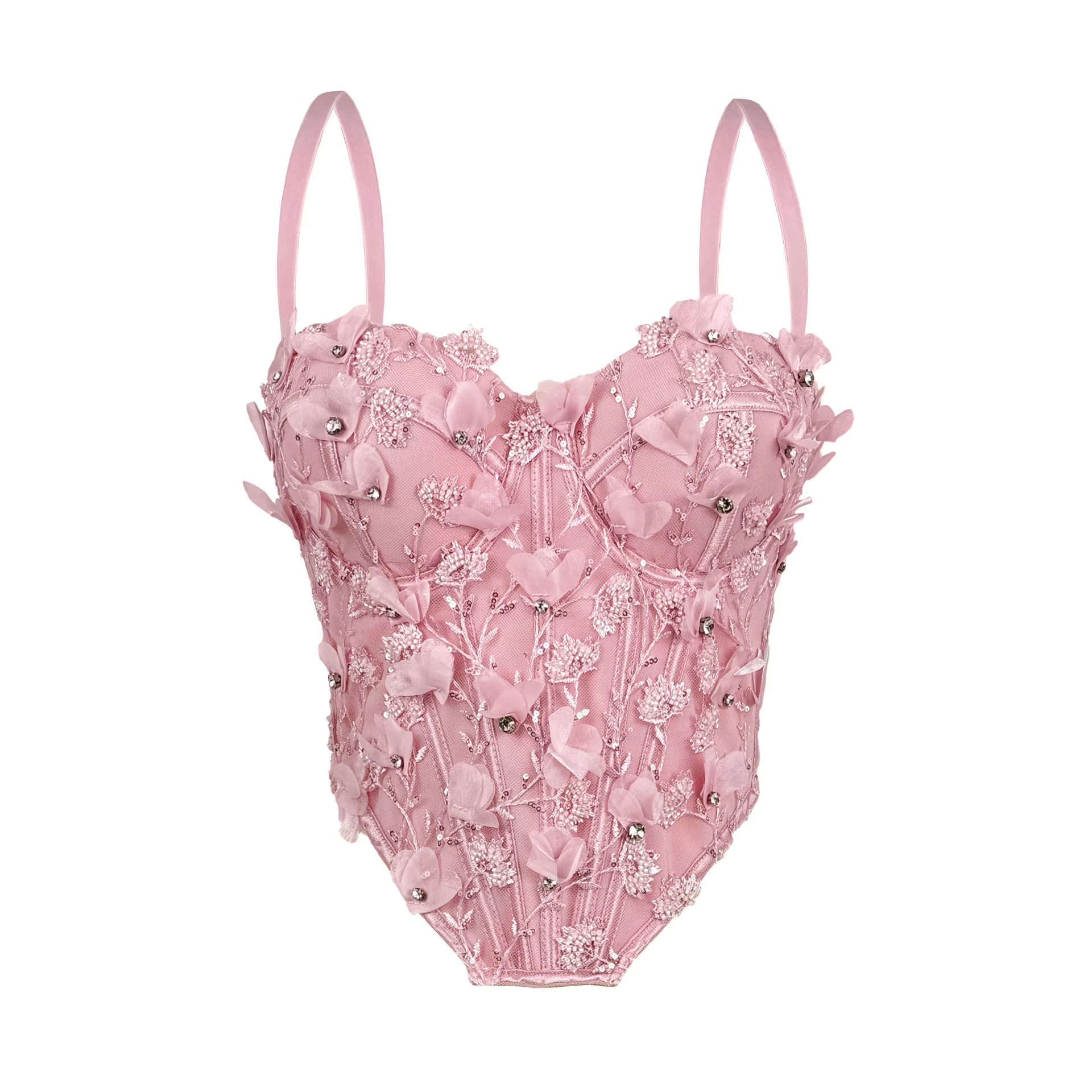 手工花朵钉珠鱼骨胸衣显瘦修身带胸垫吊带背心纯欲穿搭鱼骨上衣女