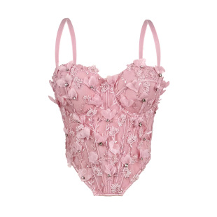 手工花朵钉珠鱼骨胸衣显瘦修身 带胸垫吊带背心纯欲穿搭鱼骨上衣女