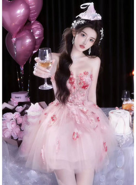 粉色甜美晚礼服裙女轻奢小众高端生日party订婚成人礼女孩小个子