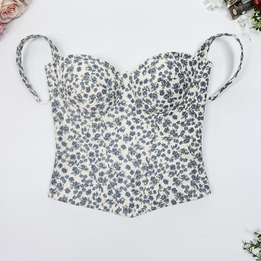 小清新碎花吊带胸衣防滑度假约会外穿抹胸收腰聚拢百搭鱼骨胸衣