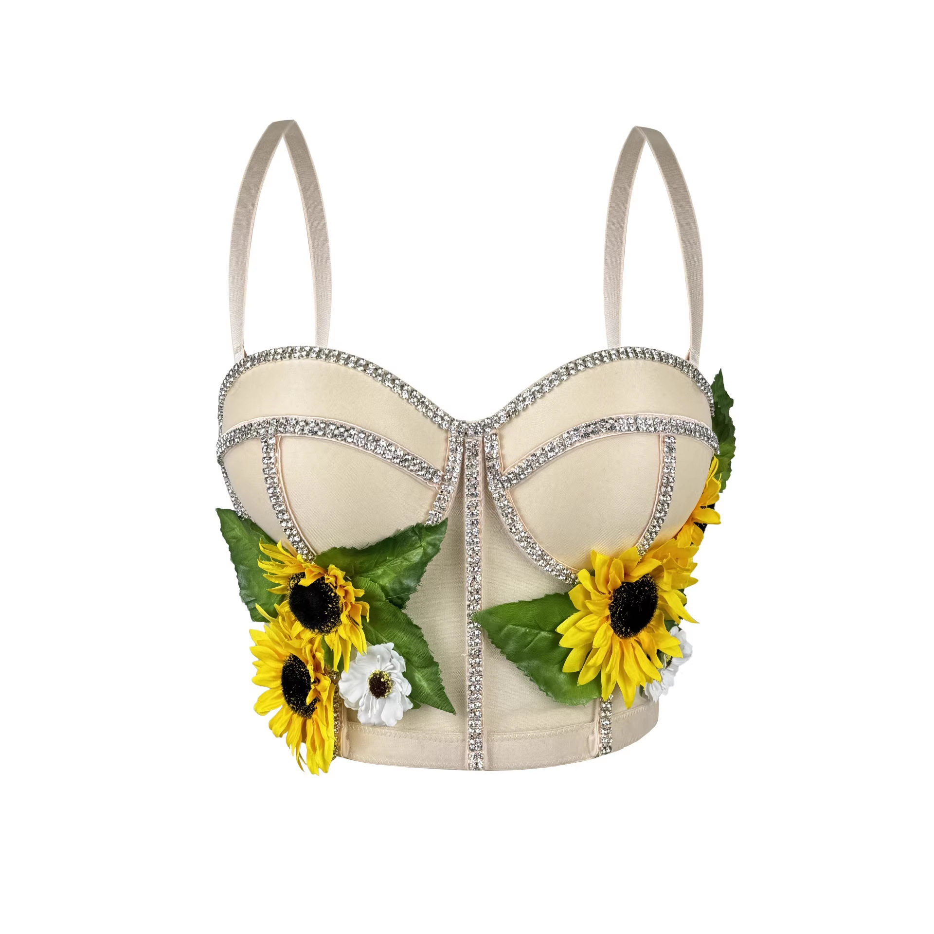 手工花朵水钻鱼骨胸衣显瘦修身带胸垫吊带背心纯欲穿搭鱼骨上衣女