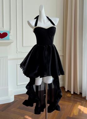 春夏新款时尚挂脖性感露肩透视小礼服两件套套装聚会裙67889