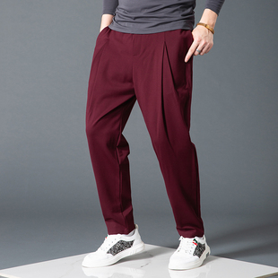 潮流百搭纯色弹力运动哈伦裤 休闲裤 男小脚垂感九分酒红色宽松韩版