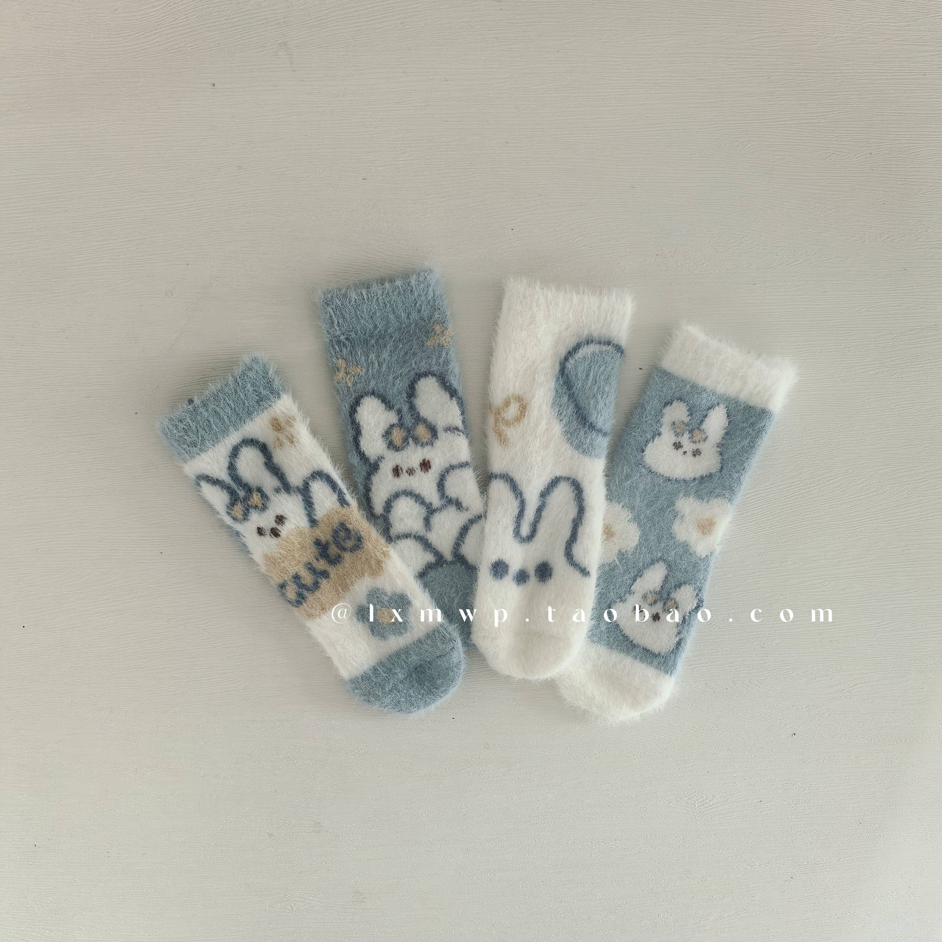 水貂绒儿童袜子男女童卡通可爱小兔子绿色睡眠袜加厚保暖中筒袜