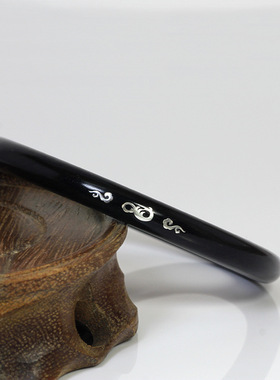 黑檀木镶银手镯紫光檀镶嵌龙凤富贵国风圆条手工实木镯子手环饰品