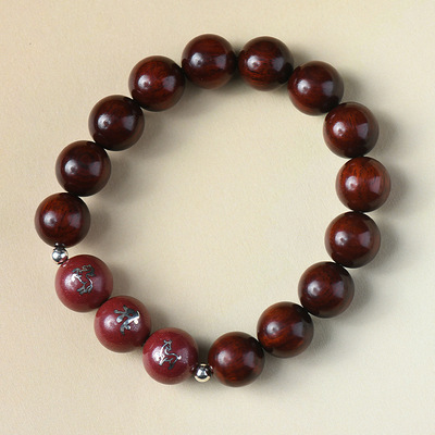 小叶紫檀木镶银12mm本命年手链朱砂镶嵌六合属相国风手串饰品批发