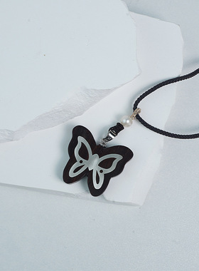 小叶紫檀木镶银蝴蝶项链项坠镶嵌国风化蝶复古吊坠男女挂饰品定制