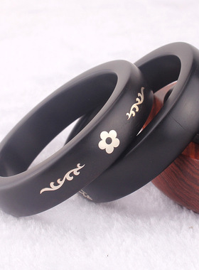 黑檀木镶银方形手镯紫光檀镶嵌龙凤六字真言国风实木镯子手环饰品