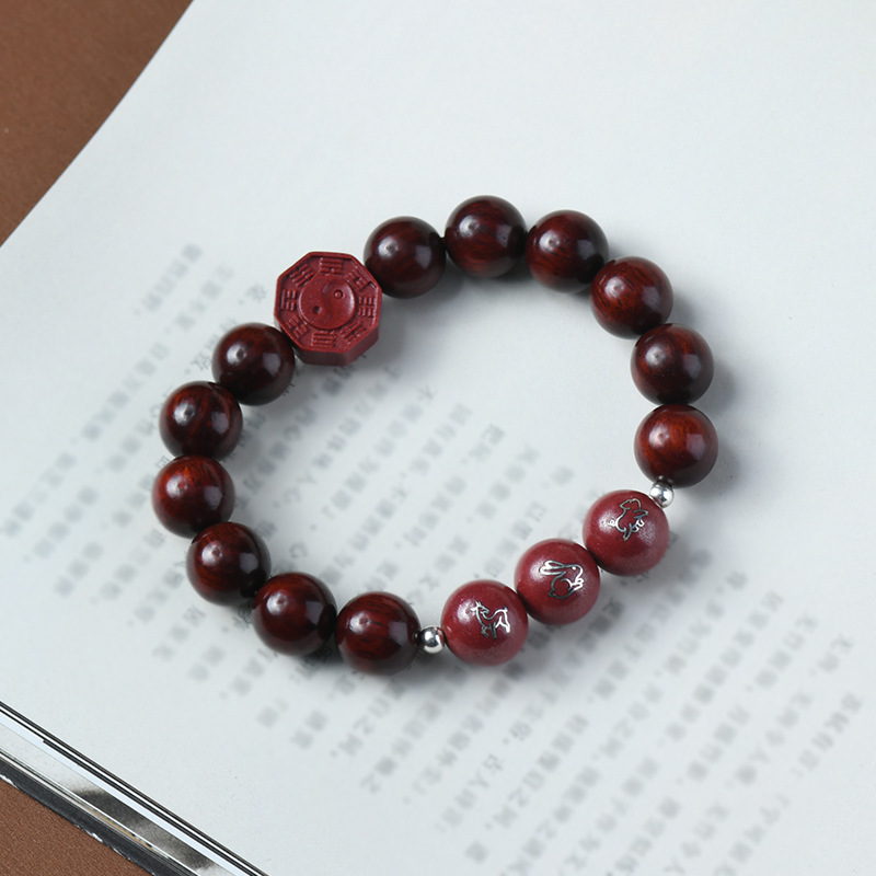 小叶紫檀木镶银12mm手串朱砂生肖三合本命年守护神手链