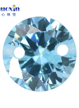 双孔圆形浅海蓝色锆石裸石戒面 人造CZ宝石打孔镶嵌珠宝首饰散珠
