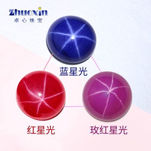 星光红蓝宝圆形平底素面组合 人造六射星线玫红星光蓝星光裸石