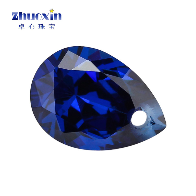 梨形宝蓝锆尖底单孔裸石 宝兰色人造锆石cz打洞带孔水滴形耳钉钻