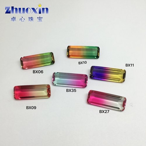 长条形合成巴西西瓜碧玺组合 长方倒角车平渐变色玻璃裸石9*24