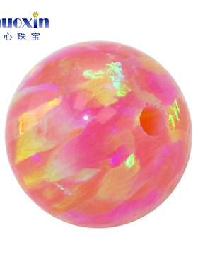 桃红色半孔圆珠欧泊欧珀裸石 球形打孔珠子合成澳宝绿色变彩OP07