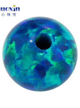 圆珠半孔蓝绿色变彩欧泊石欧珀裸石 球形打孔珠子合成澳宝OP36