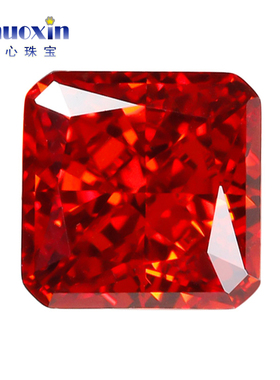 正方倒角冰花切中国红锆石裸石 雷地恩帕德玛红色高碳钻镶嵌戒面