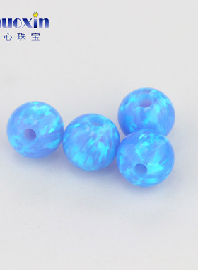 圆珠半孔天蓝色欧泊石欧珀裸石 球形打孔珠子人造合成澳宝OP06