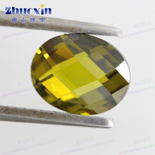 蛋形双龟面橄榄绿色锆石椭圆形裸石 格子面人造宝石吊坠主石DIY