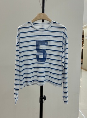 欧货2026春夏新款时尚圆领条纹长袖T恤女百搭宽松休闲上衣12055