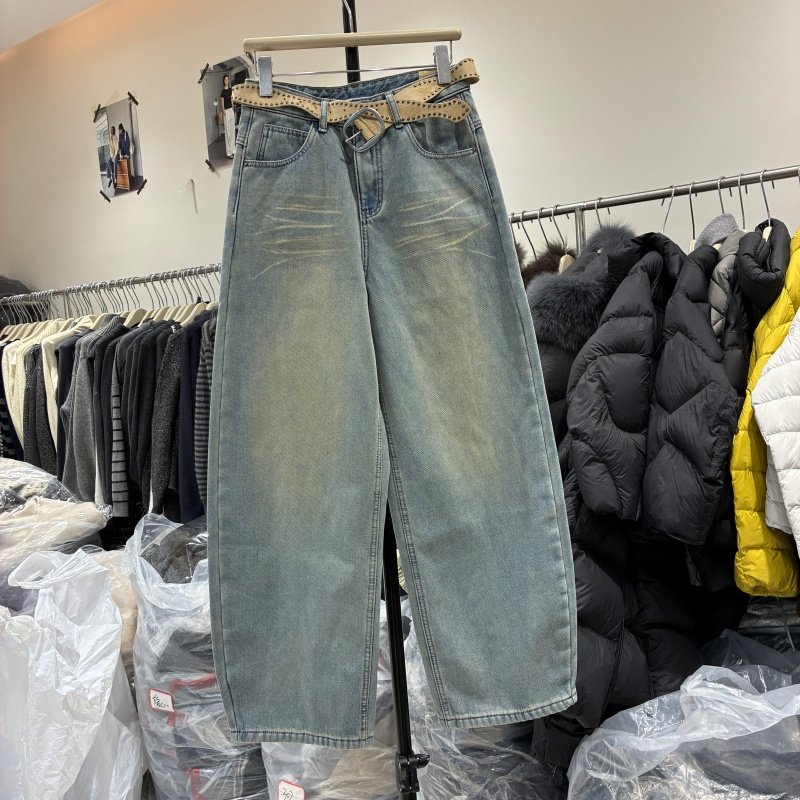 浅蓝色做旧阔腿牛仔裤女2025冬复合绒加厚小众设计感直筒长裤938