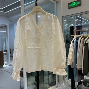 V领单排扣衬衫 轻奢净色重工刺绣钩花棉麻长袖 衬衣 款 欧货2026春季