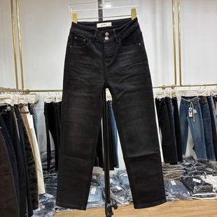 AINA艾拿2025秋冬83022黑色抓毛弹力显瘦百搭九分直筒牛仔烟管裤